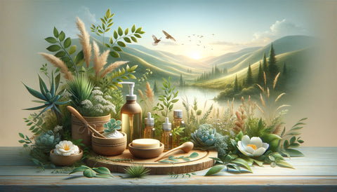 Thematic landscape representing natural, nourishing skincare with tallow as a key ingredient, featuring serene natural settings and elements associated with natural skincare.