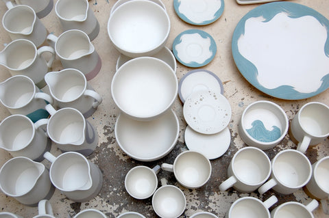 Slip ware waiting to be glazed in our old studio