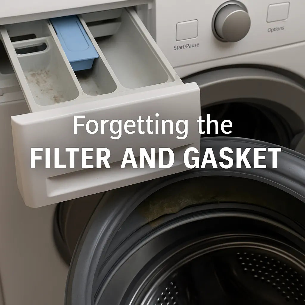 washing machine filter cleaning mistake, dirty washer gasket residue, lint trap not cleaned, front load washer maintenance, costly washing machine cleaning errors