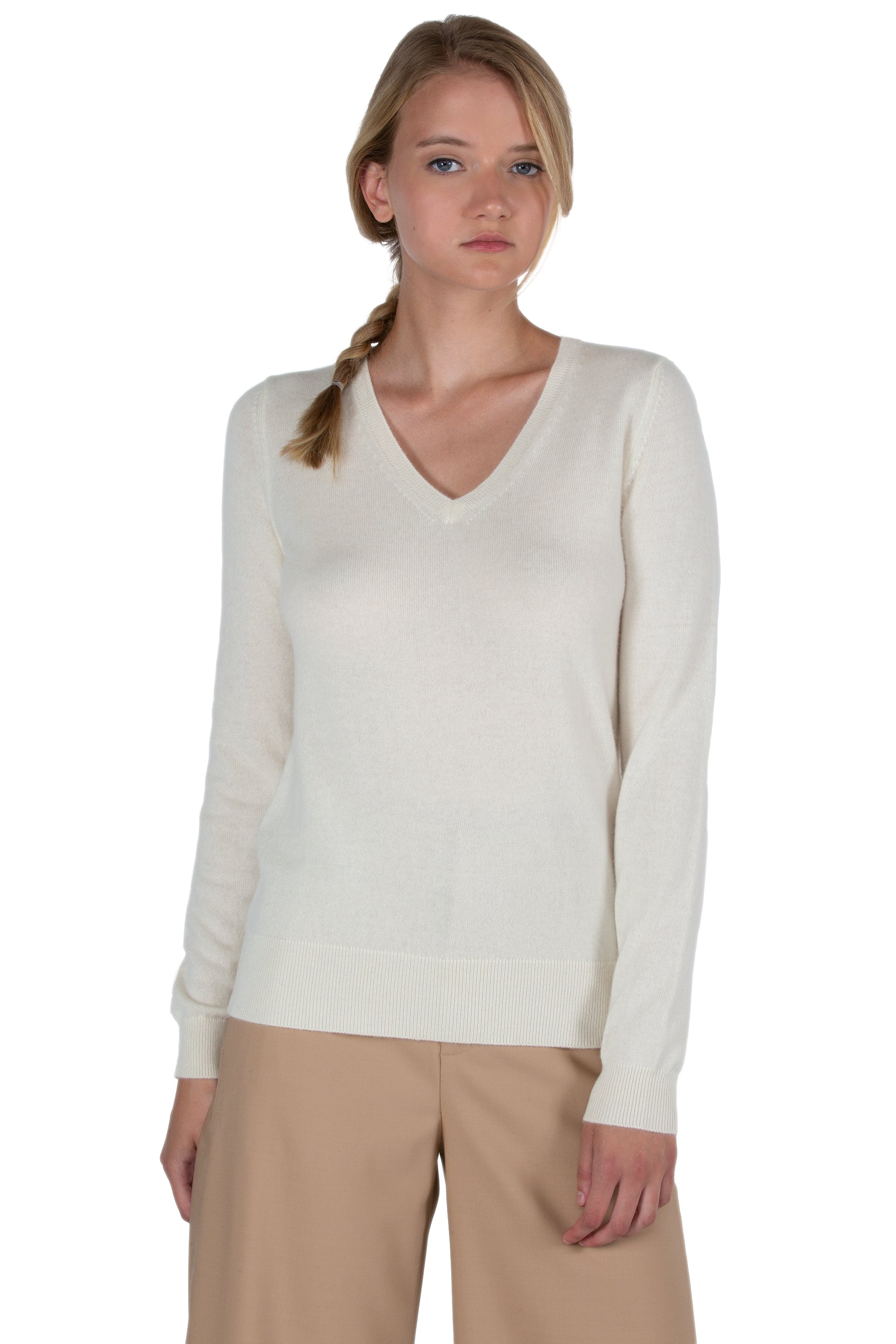 JENNIE LIU Women's 100% Pure Cashmere Long Sleeve Pullover V Neck