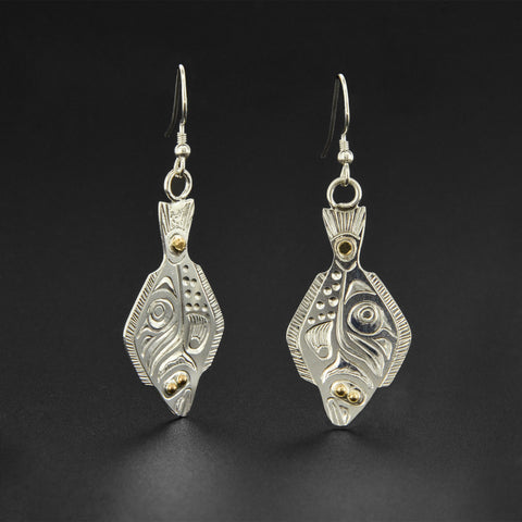 Halibut - Silver Earrings with 14k Gold