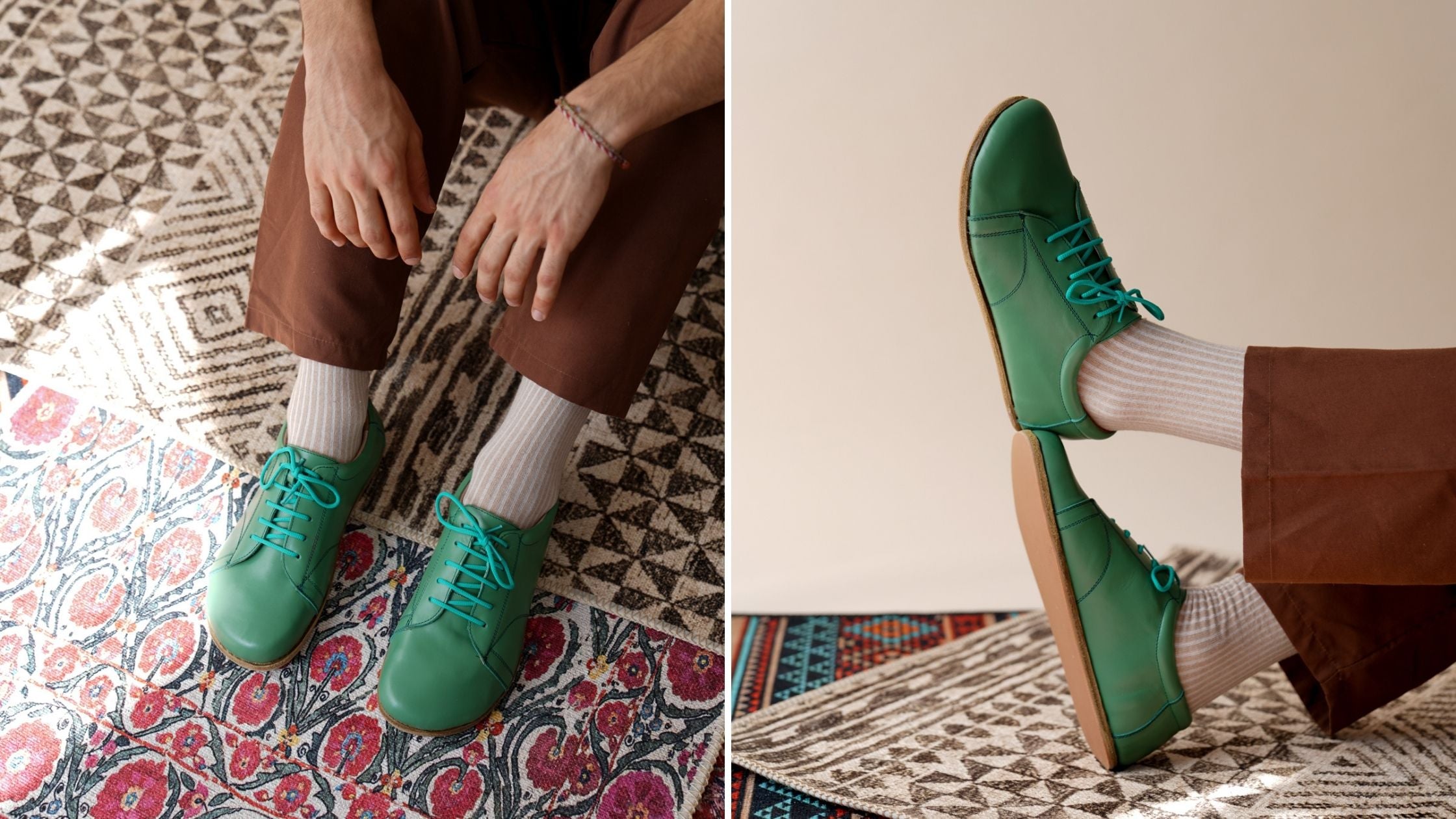 Man wearing green barefoot sneakers on a colorful patterned rug. These zero-drop sneakers are crafted from premium leather with a minimalist design, flexible sole, and wide toe box, promoting natural walking and foot health. Discover unmatched comfort at pelanir.com!