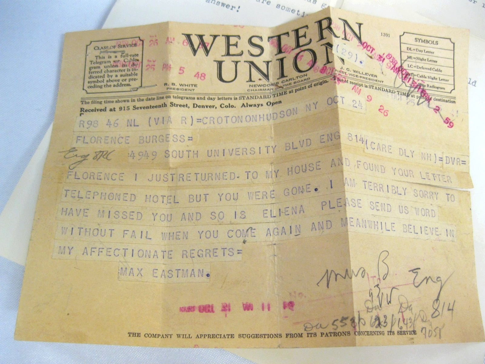 Max Eastman Western Union telegram