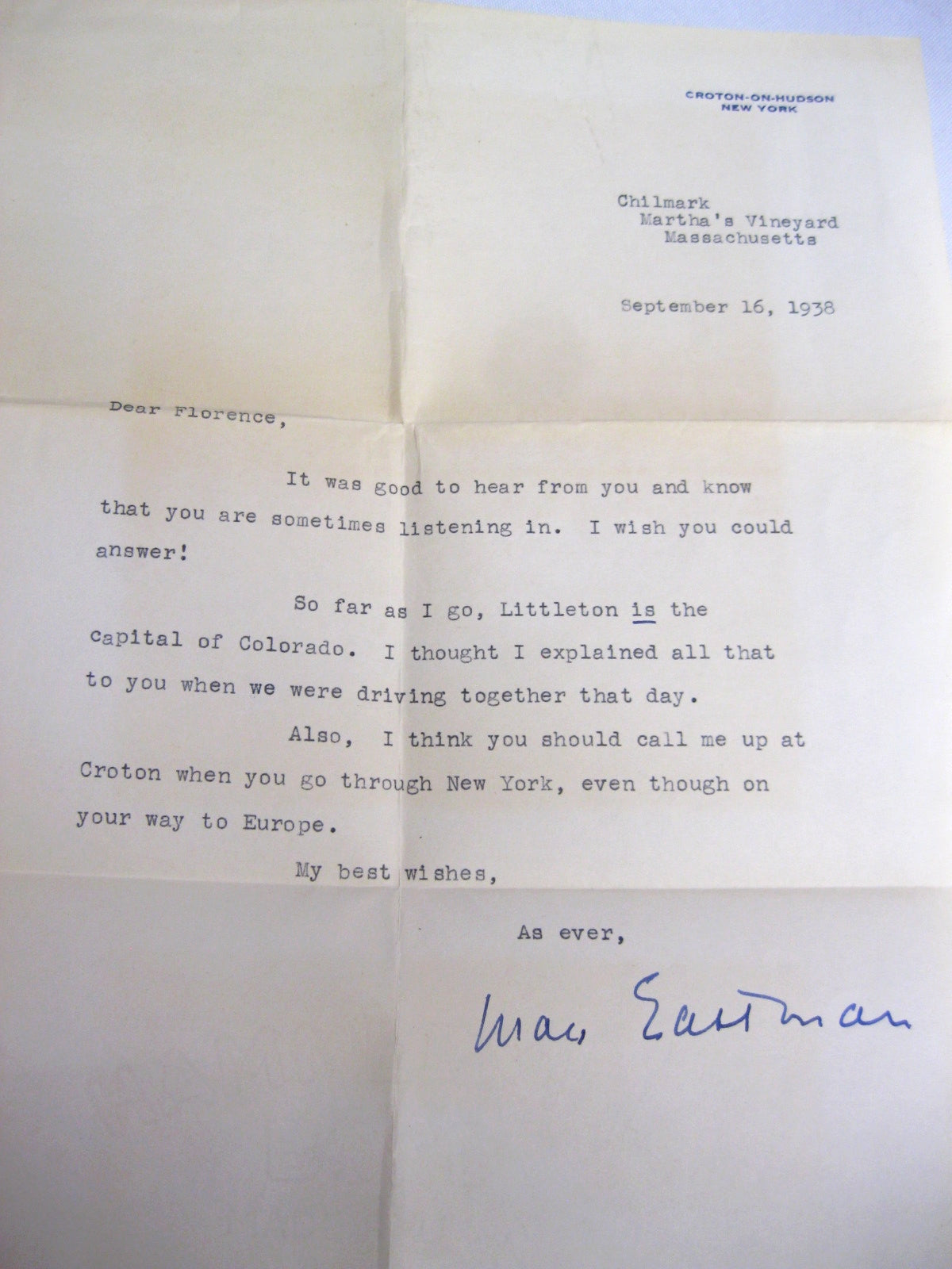 Max Eastman typed letter
