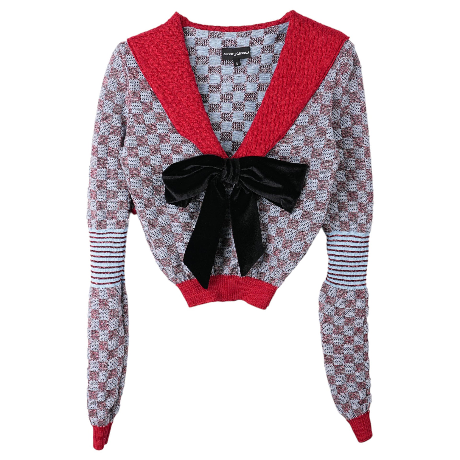 POINTELLE CHECK KNITTED LONGSLEEVE JUMPER / BLUE/RED