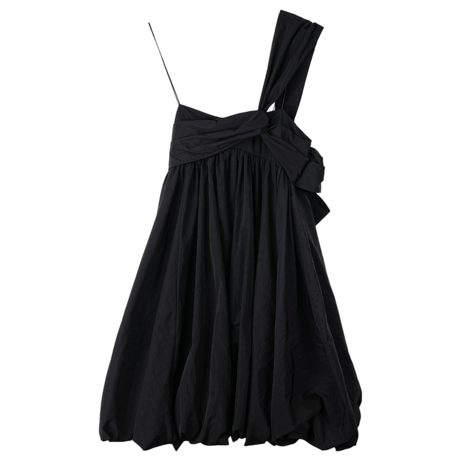 STRAP DRESS WITH TIE DETAILS AND BALLOON SKIRT / BLACK