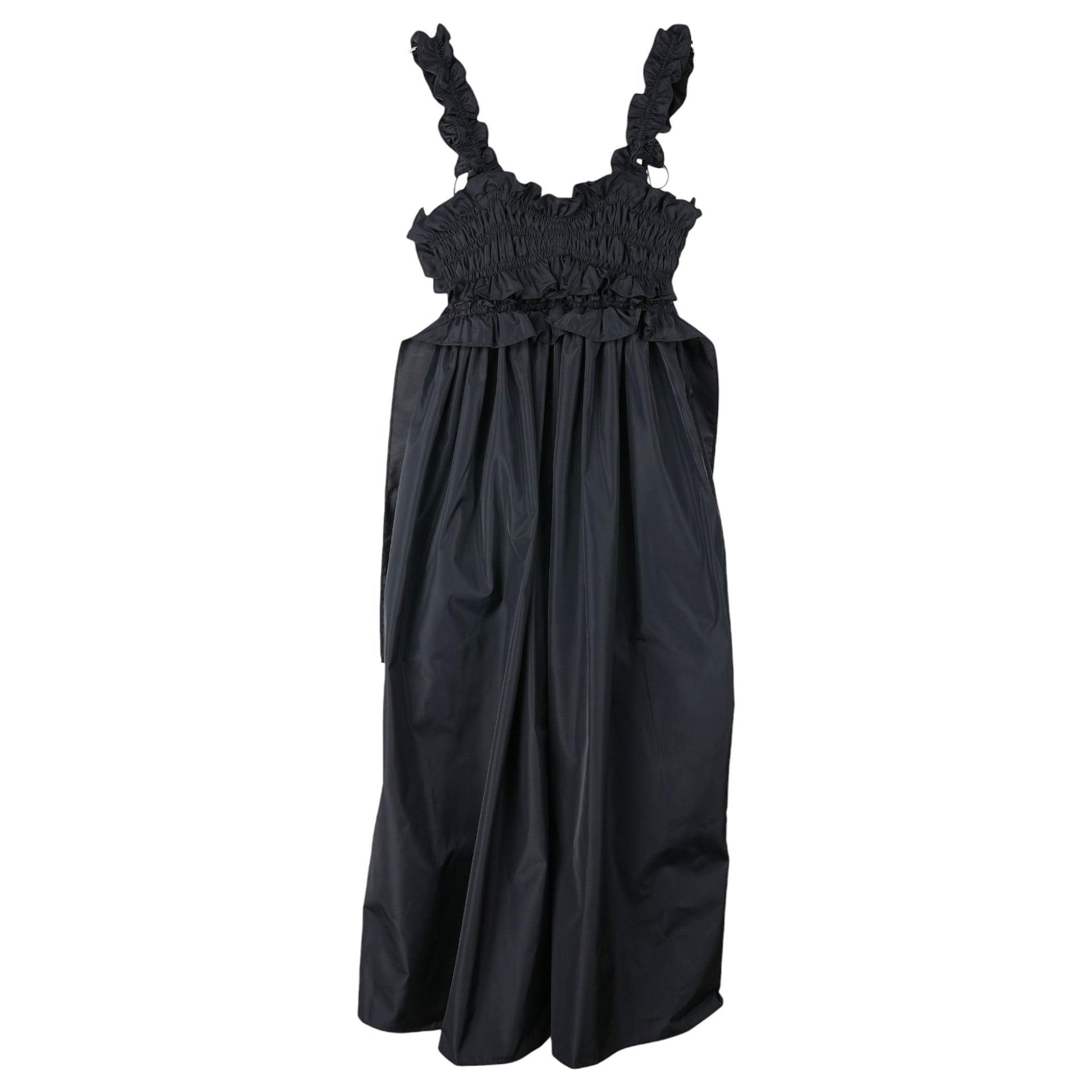 LONG STRAP DRESS WITH SMOCKED BODICE AND RUFFLES / BLACK