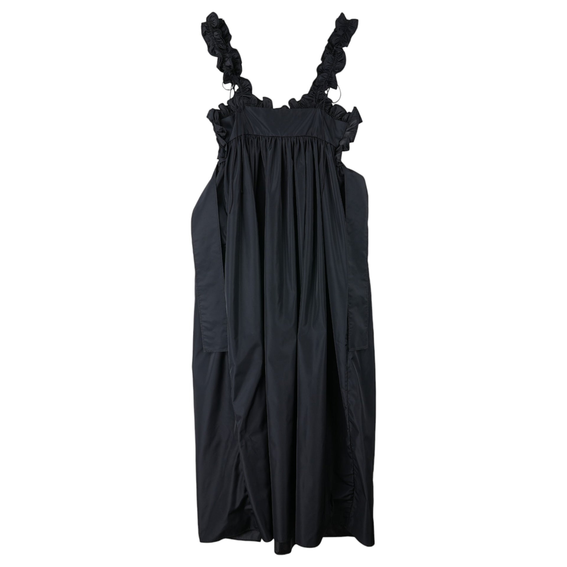 LONG STRAP DRESS WITH SMOCKED BODICE AND RUFFLES / BLACK