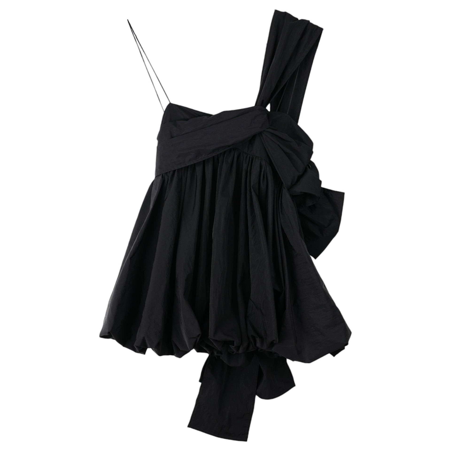 STRAP TOP WITH TIED DRAPE DETAILS AND BALLOON HEM / BLACK
