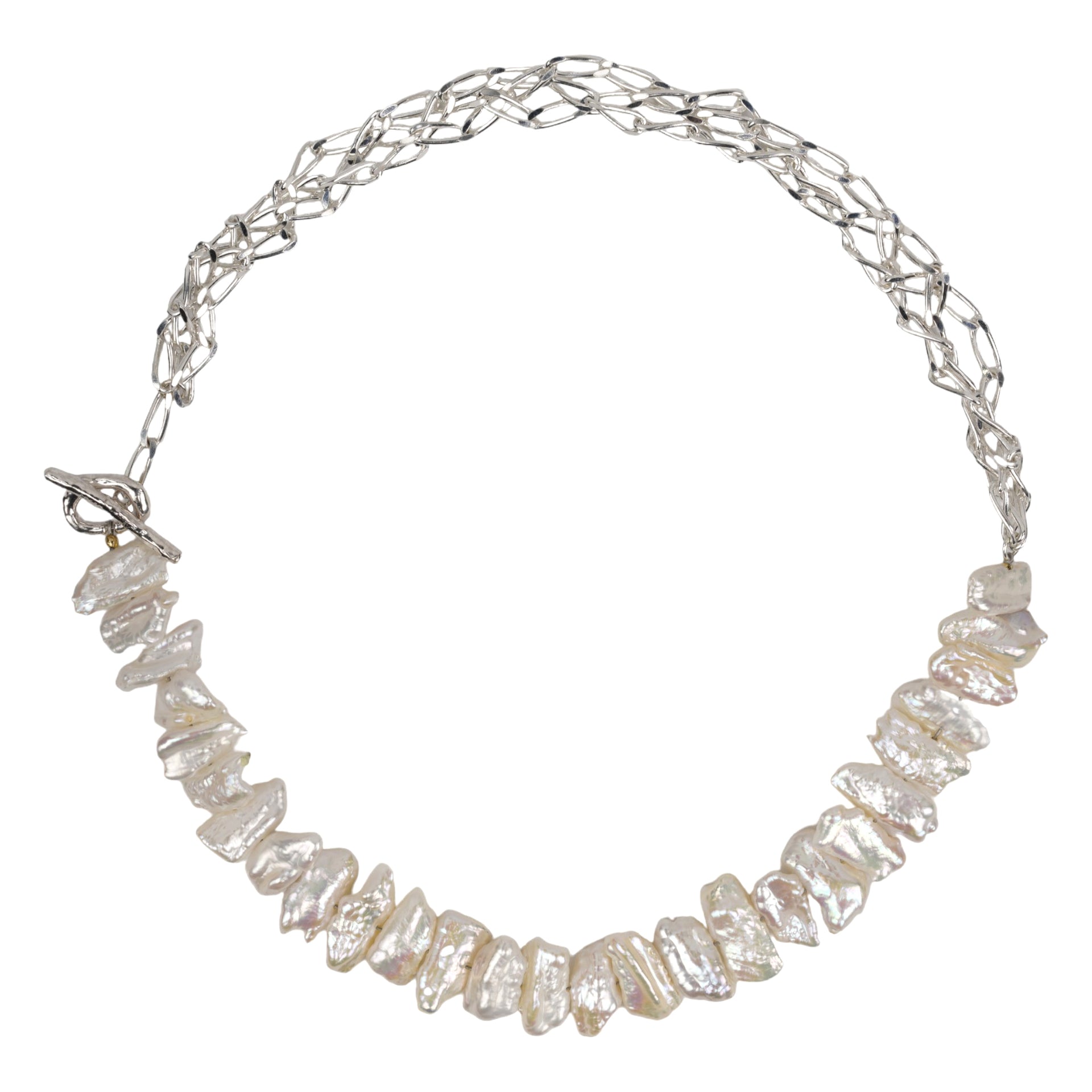 BRAID CHAIN SQURE PEARL NECKLACE / SILVER