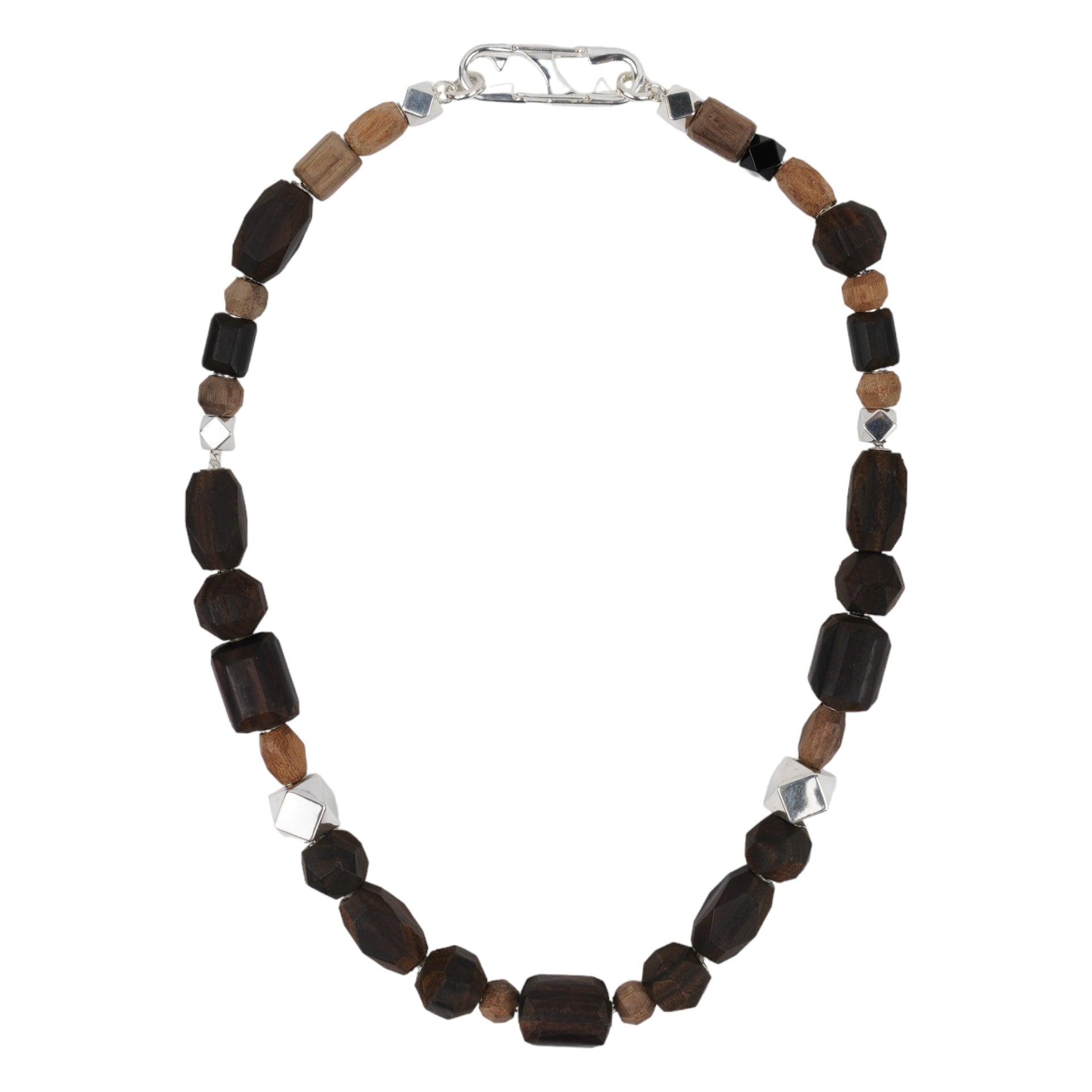 WOOD BEADED NECKLACE/ONYX / BROWN/SILVER