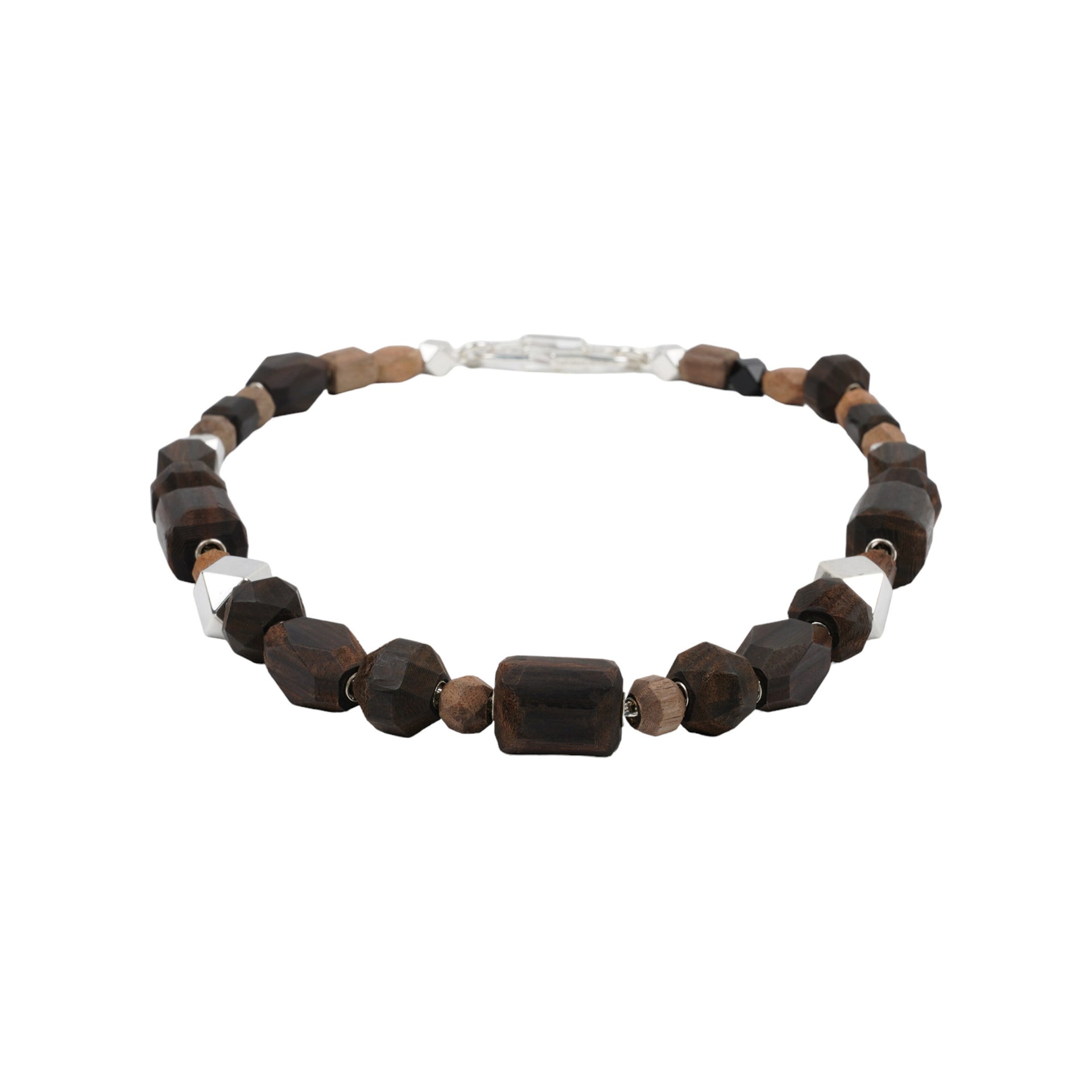 WOOD BEADED NECKLACE/ONYX / BROWN/SILVER
