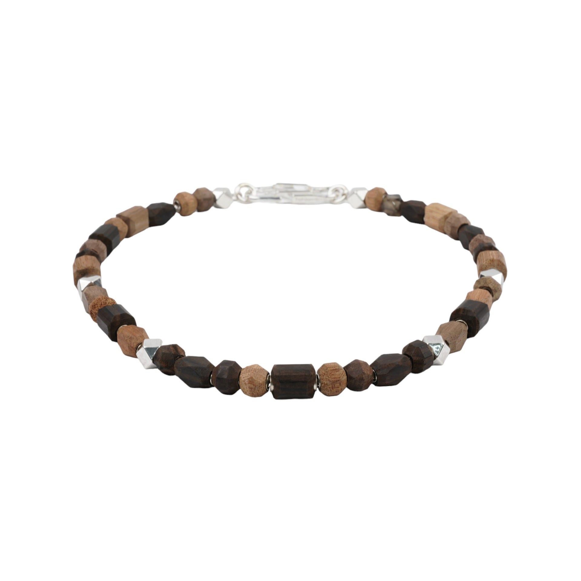 WOOD BEADED NECKLACE/SMOKY QUARTS / BROWN/SILVER