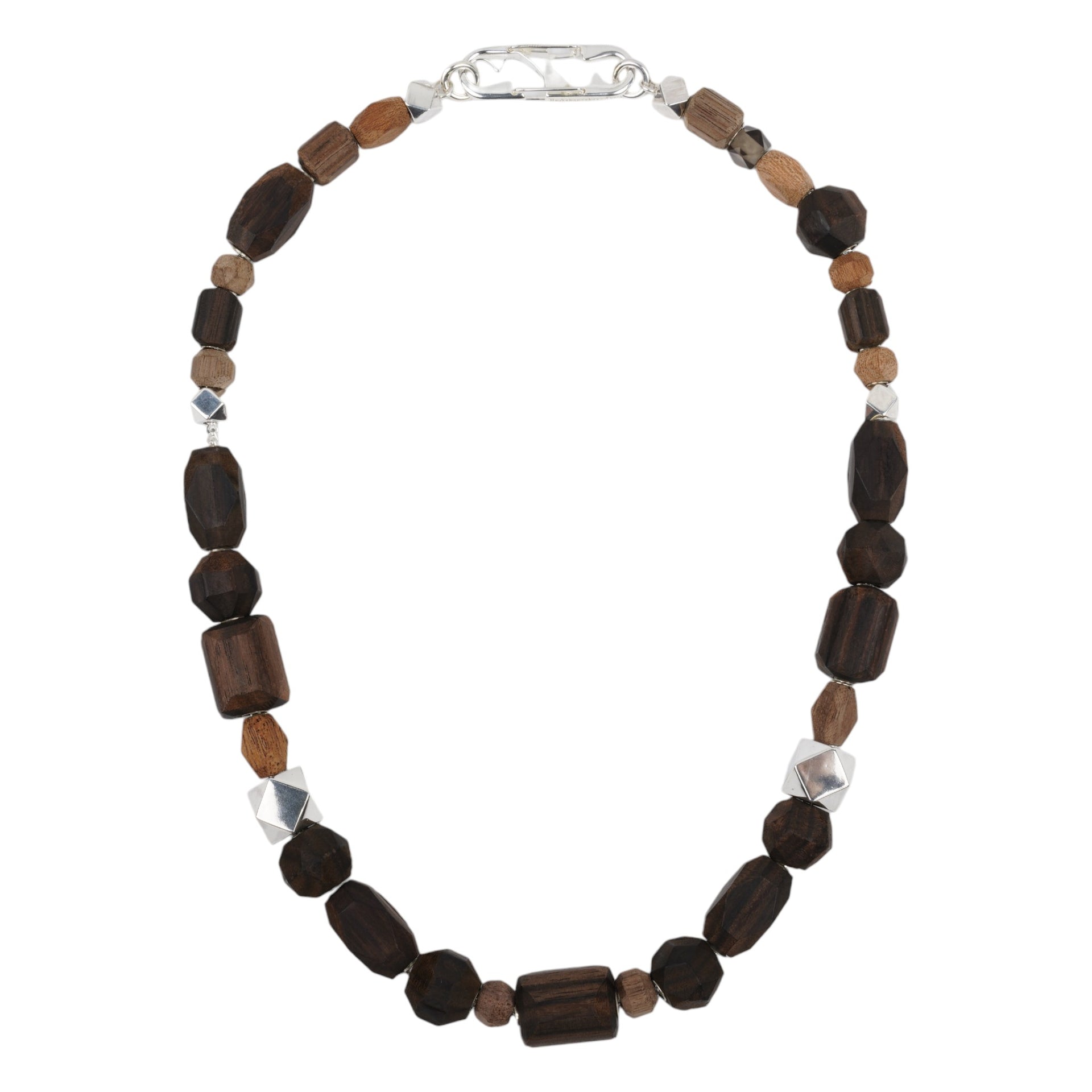 WOOD BEADED NECKLACE/SMOKY QUARTS / BROWN/SILVER