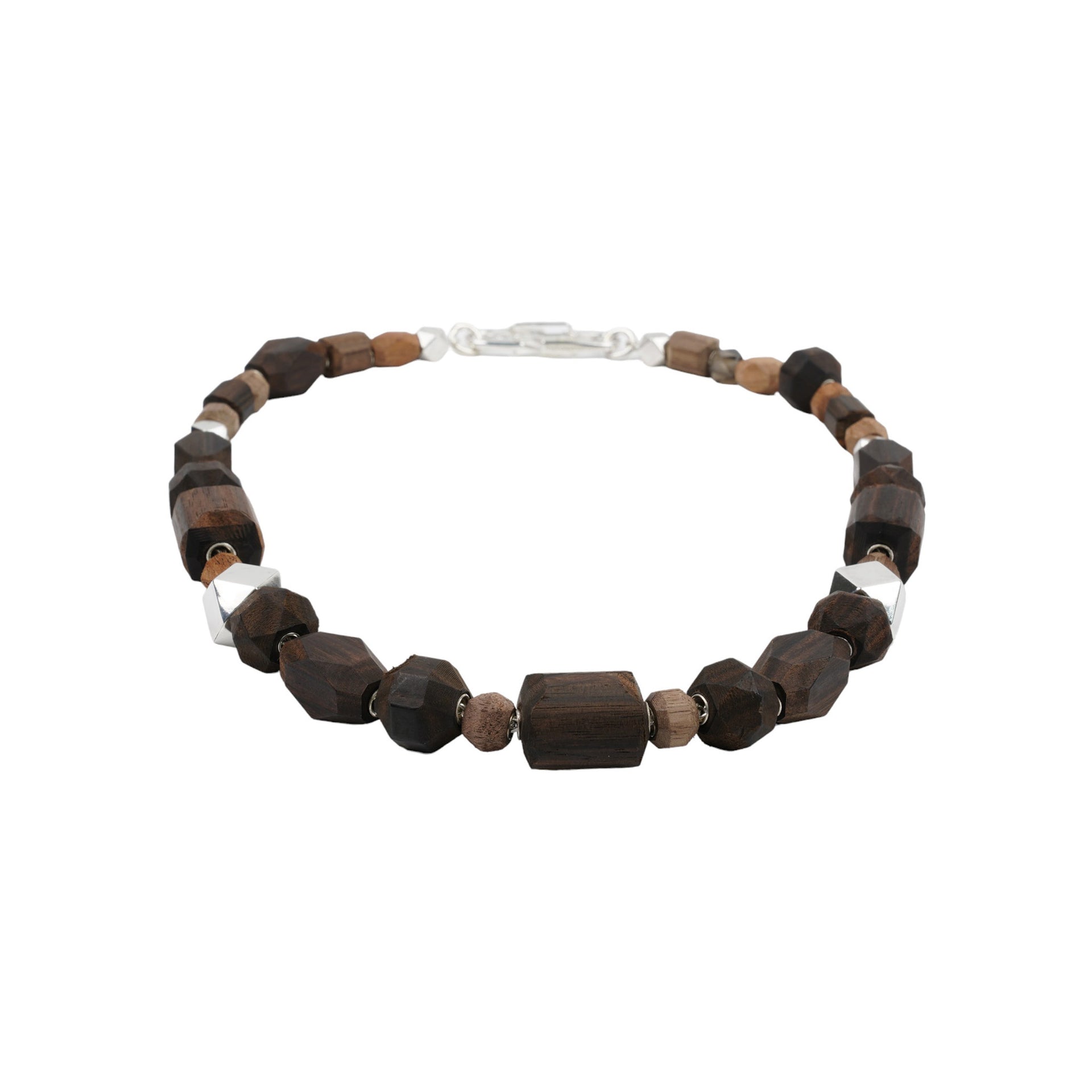 WOOD BEADED NECKLACE/SMOKY QUARTS / BROWN/SILVER