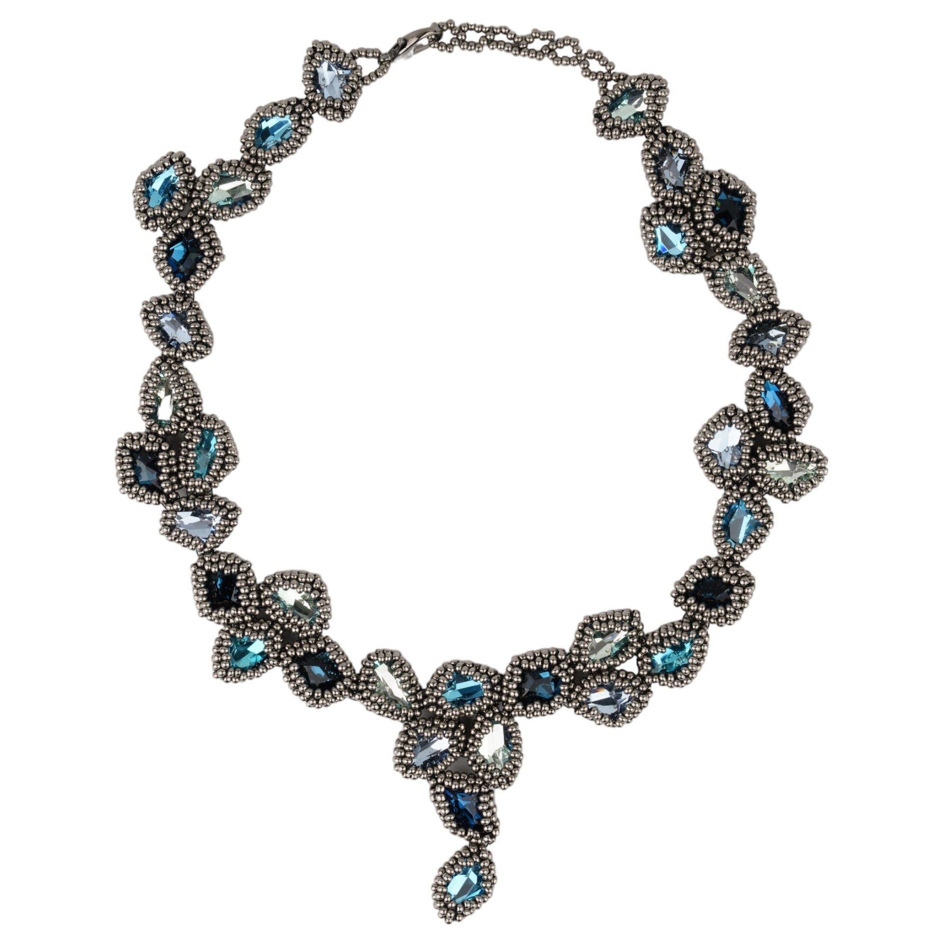 CRYSTAL BEADED NECKLACE / BLUE/SILVER