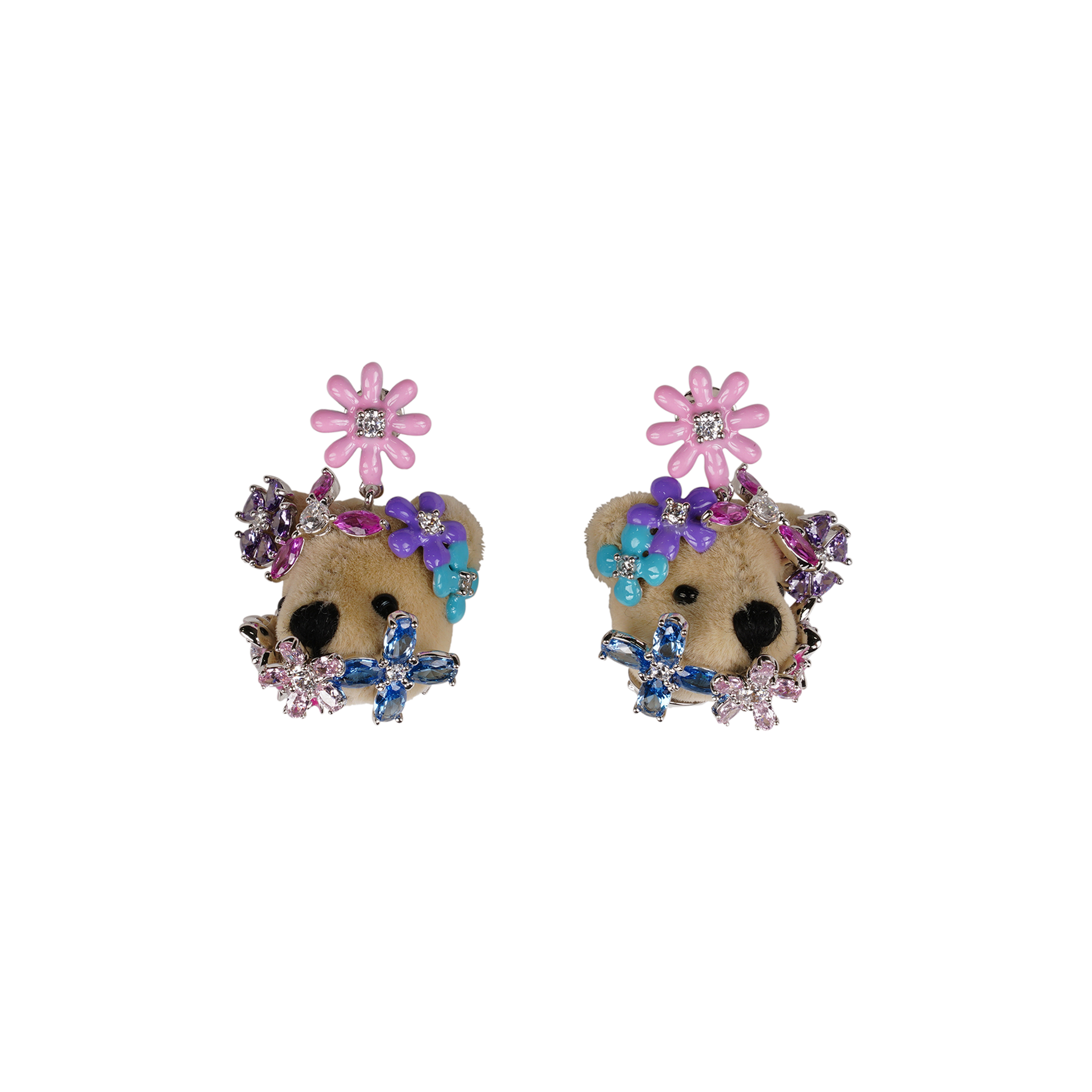 FLOWER COVERED BEAR HEAD EARRING / BROWN/MULTI-COLORED