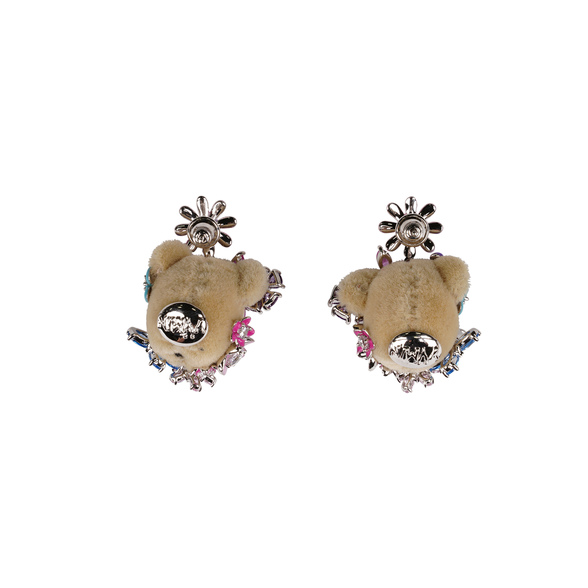 FLOWER COVERED BEAR HEAD EARRING / BROWN/MULTI-COLORED