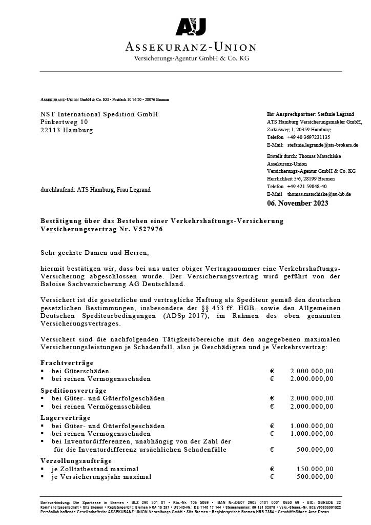 Versicherungsbestätigung NST 2024