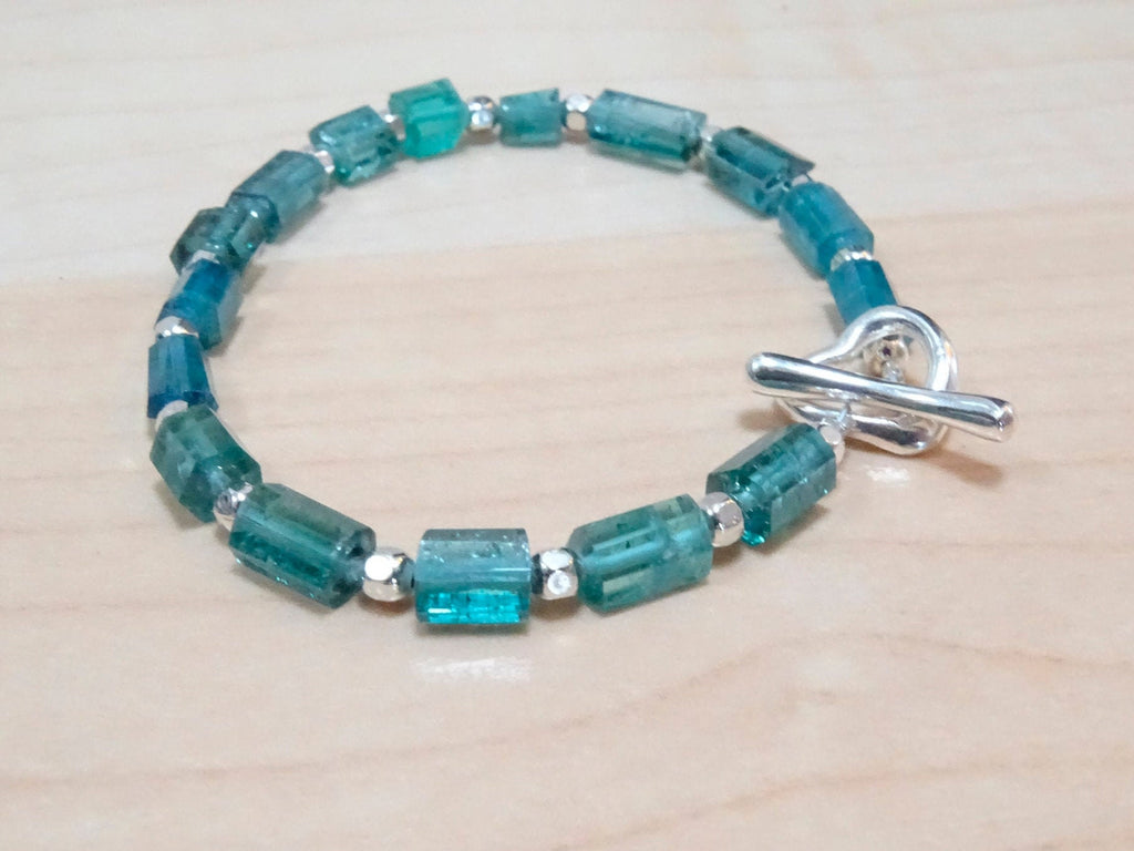 Blue Tourmaline bracelet, Valentine's gift, Teal Tourmaline Tubes, Indicolite jewelry, October Birthday gift for her, pipe gemstone bracelet