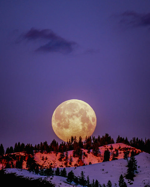 A full moon rises over snowy mountains