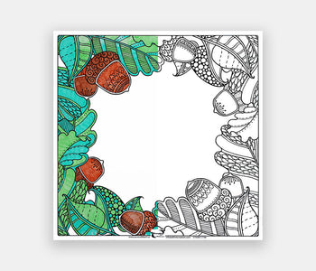 The half-colored automne-themed dry-erase board depicting acorns and leaves.