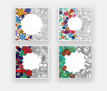 The different dry-erase board designs included in the pack of 4 coloring set.