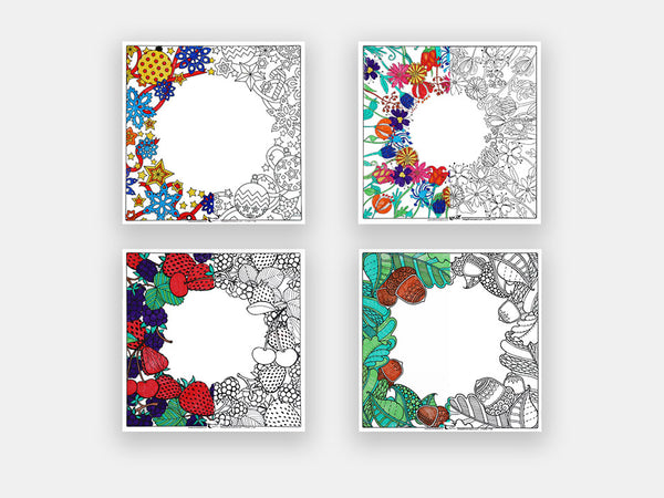 The different dry-erase board designs included in the pack of 4 coloring set.