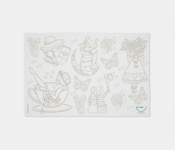 The Dream Bimoo coloring placemat including women, flowers and butterflies.