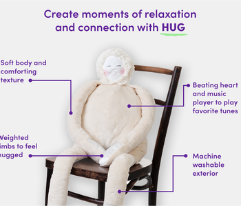 HUG: the sensory comforting companion designed for people living with dementia including its features like its soft body.