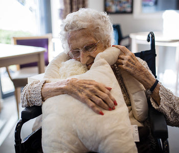 Eldery woman in a wheelchair smiling as she give a big hug to HUG: the comforting companion.