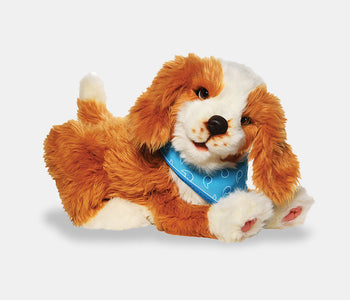 Freckled Pup from Joy For all, waging its tail to promote sensory engagement.