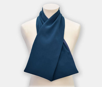 Front of the protective scarf bib to help protect clothing, in steel blue.