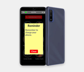 The Raz memory cellphone with gps and simplified contacts example of a reminder pop up on the screen.