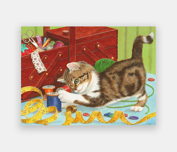 Adapted 13-piece Relish puzzle of a brown and white kitten playing with sewing accessories.