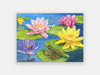 13-piece adapted puzzle of 5 water lilies in a pond with a frog and a dragonfly.