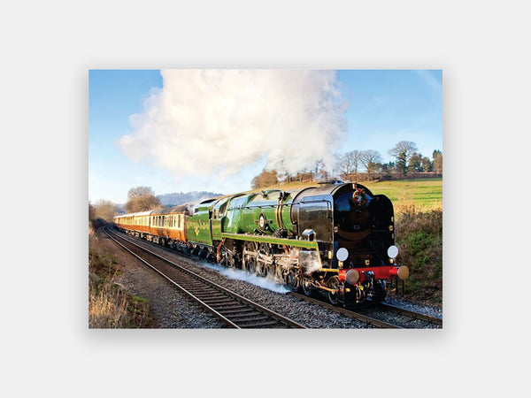 Simplified 13-piece Relish puzzle of a steam train passing through the countryside, leaving a white cloud in its path.