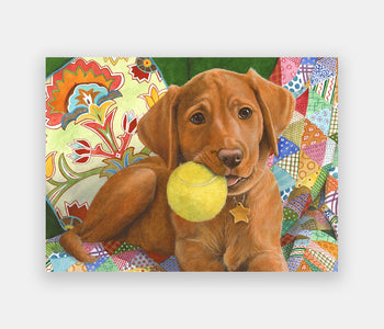Adapted 13-piece puzzle for people living with dementia, depicting a puppy chewing on a tennis ball.