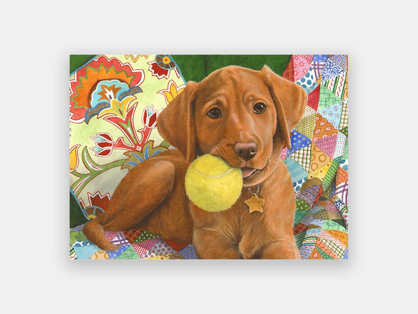Adapted 13-piece puzzle for people living with dementia, depicting a puppy chewing on a tennis ball.