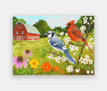 Simplified 13-piece Relish puzzle of a blue jay and a cardinal surrounded by flowers near a barn.
