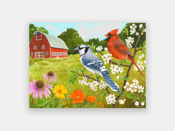 Simplified 13-piece Relish puzzle of a blue jay and a cardinal surrounded by flowers near a barn.