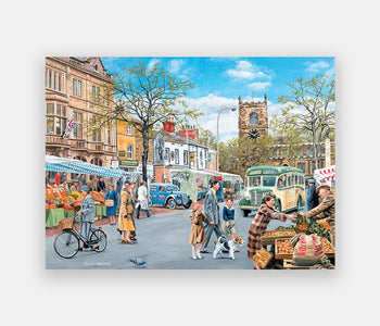 Simplified nostalgic 35-piece puzzle of a sunny automne market day in the UK.