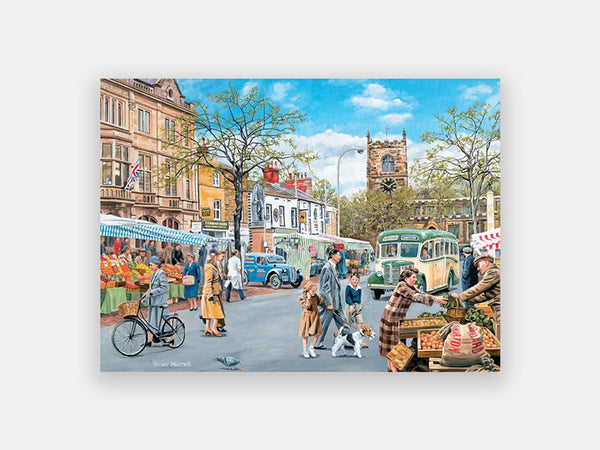 Simplified nostalgic 35-piece puzzle of a sunny automne market day in the UK.