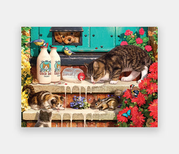 Simplified 35-piece puzzle depicting a cat and her kittens licking milk spilled from a bottle on flowery front steps.