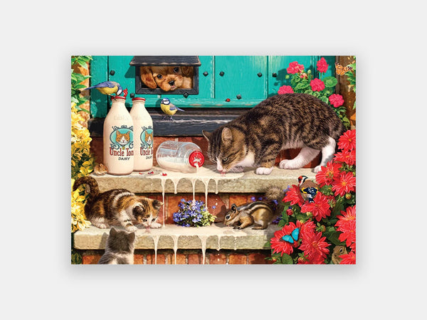 Simplified 35-piece puzzle depicting a cat and her kittens licking milk spilled from a bottle on flowery front steps.