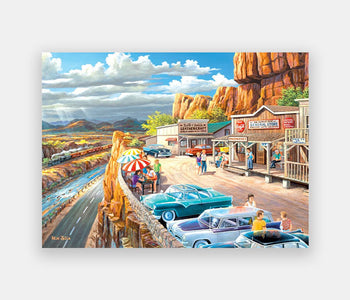 A 35-piece Relish puzzle for early stages of dementia, depicting a US Roadtrip Roadstop near a canyon.