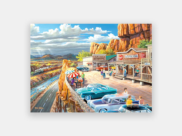 A 35-piece Relish puzzle for early stages of dementia, depicting a US Roadtrip Roadstop near a canyon.