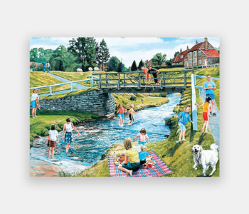 Adapted 35-piece puzzle depicting a small bridge with playing children and a family having a picnic.
