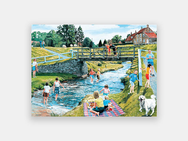 Adapted 35-piece puzzle depicting a small bridge with playing children and a family having a picnic.