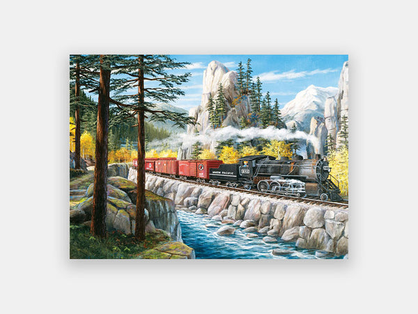 Adapted 35-piece Relish puzzle of a steam engine train passing through a forest near a water stream.